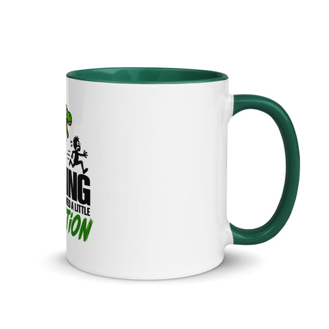 Right-side view of the 11 oz Dinosaur Motivation ceramic mug with dark green interior and handle on a plain studio background, showing its single front design.