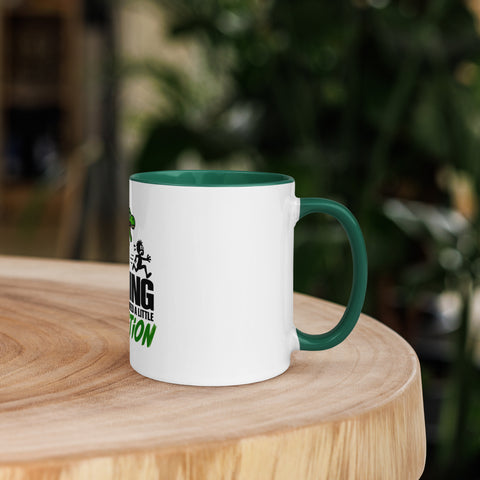 Right-side view of the 11 oz Dinosaur Motivation ceramic mug with dark green interior and handle on a round wooden table with softly blurred greenery, showing its single front design.