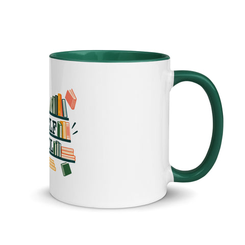 11 oz white No Shelf Control ceramic mug with dark green interior, rim and handle, right view; book illustration and green lettering printed once on the front.