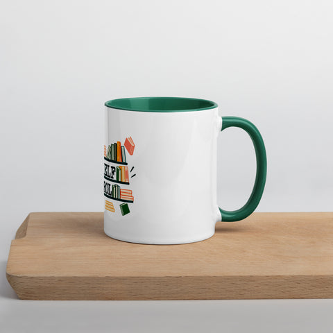 11 oz white No Shelf Control ceramic mug with dark green interior, rim and handle, right view on a wooden board; book illustration and green lettering printed once on the front.