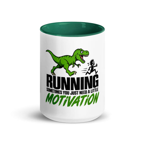 Front view of the 15 oz Dinosaur Motivation ceramic mug with dark green interior and handle on a plain studio background, showing its single front design.