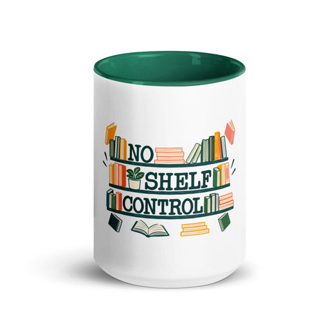 15 oz white No Shelf Control ceramic mug with dark green interior, rim and handle, front view; book illustration and green lettering printed once on the front.