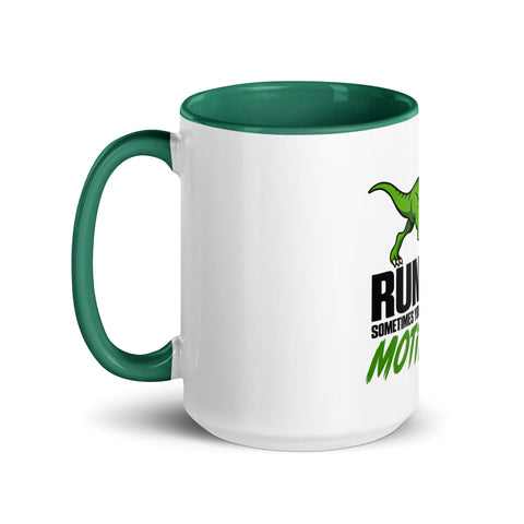 Left-side view of the 15 oz Dinosaur Motivation ceramic mug with dark green interior and handle on a plain studio background, showing its single front design.