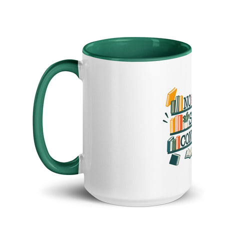 15 oz white No Shelf Control ceramic mug with dark green interior, rim and handle, left view; book illustration and green lettering printed once on the front.