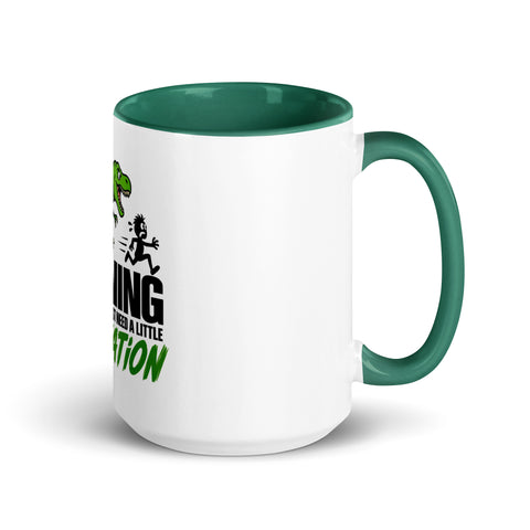 Right-side view of the 15 oz Dinosaur Motivation ceramic mug with dark green interior and handle on a plain studio background, showing its single front design.