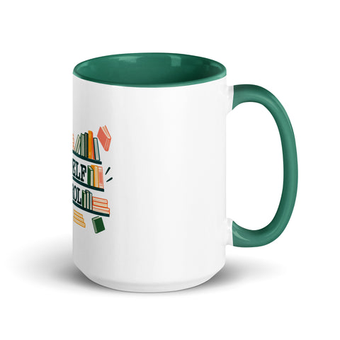 15 oz white No Shelf Control ceramic mug with dark green interior, rim and handle, right view; book illustration and green lettering printed once on the front.