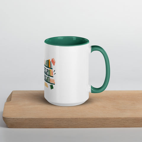 15 oz white No Shelf Control ceramic mug with dark green interior, rim and handle, right view on a wooden board; book illustration and green lettering printed once on the front.
