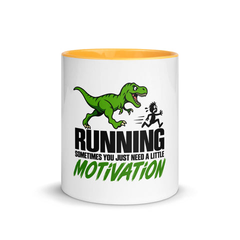 Front view of the 11 oz Dinosaur Motivation ceramic mug with golden yellow interior and handle on a plain studio background, showing its single front design.