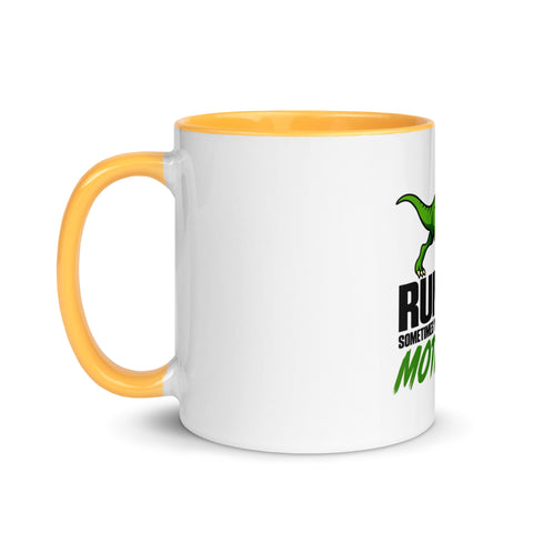 Left-side view of the 11 oz Dinosaur Motivation ceramic mug with golden yellow interior and handle on a plain studio background, showing its single front design.