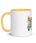 11 oz white No Shelf Control ceramic mug with golden yellow interior, rim and handle, left view; book illustration and green lettering printed once on the front.