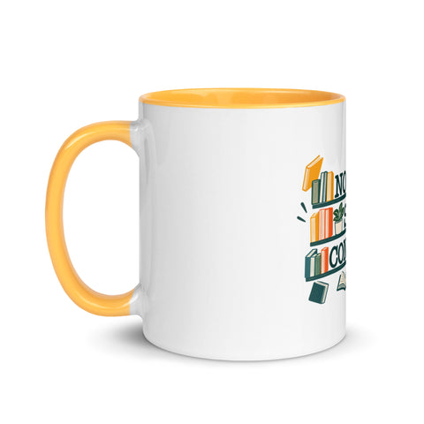 11 oz white No Shelf Control ceramic mug with golden yellow interior, rim and handle, left view; book illustration and green lettering printed once on the front.