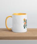 11 oz white No Shelf Control ceramic mug with golden yellow interior, rim and handle, left view on a wooden board; book illustration and green lettering printed once on the front.