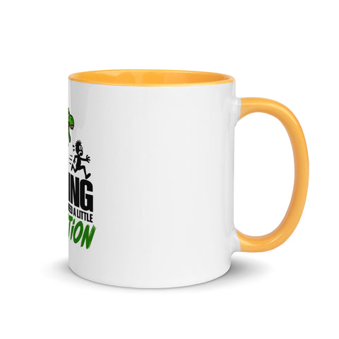 Right-side view of the 11 oz Dinosaur Motivation ceramic mug with golden yellow interior and handle on a plain studio background, showing its single front design.