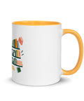 11 oz white No Shelf Control ceramic mug with golden yellow interior, rim and handle, right view; book illustration and green lettering printed once on the front.