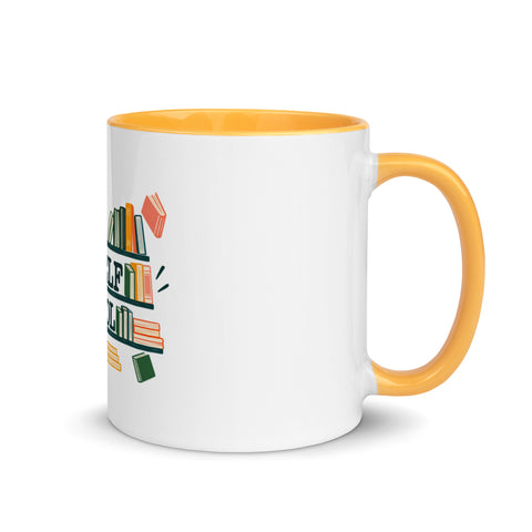11 oz white No Shelf Control ceramic mug with golden yellow interior, rim and handle, right view; book illustration and green lettering printed once on the front.