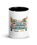 15 oz white No Shelf Control ceramic mug with golden yellow interior, rim and handle, front view; book illustration and green lettering printed once on the front.