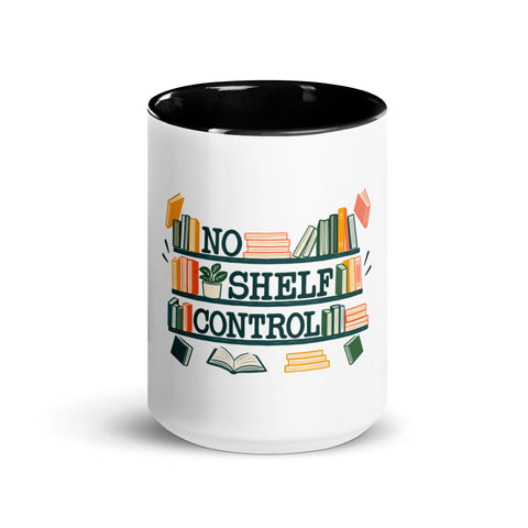 15 oz white No Shelf Control ceramic mug with golden yellow interior, rim and handle, front view; book illustration and green lettering printed once on the front.