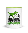 Front view of the 11 oz Dinosaur Motivation ceramic mug with green interior and handle on a plain studio background, showing its single front design.