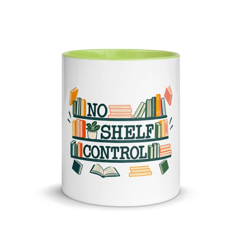 11 oz white No Shelf Control ceramic mug with green interior, rim and handle, front view; book illustration and green lettering printed once on the front.