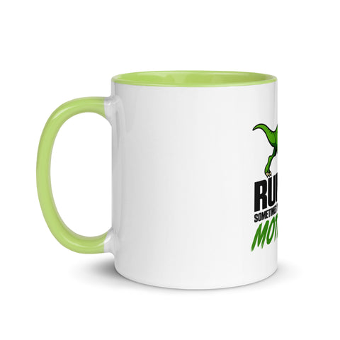 Left-side view of the 11 oz Dinosaur Motivation ceramic mug with green interior and handle on a plain studio background, showing its single front design.