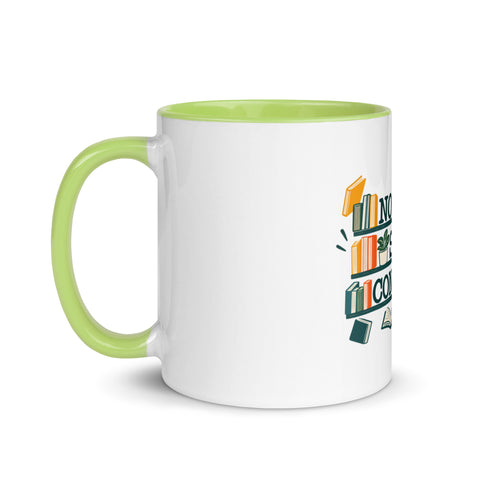 11 oz white No Shelf Control ceramic mug with green interior, rim and handle, left view; book illustration and green lettering printed once on the front.