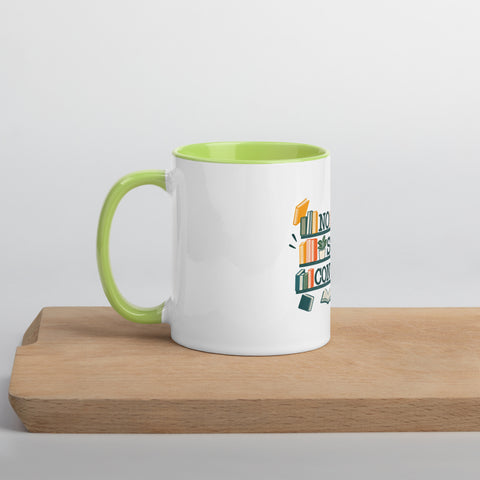 11 oz white No Shelf Control ceramic mug with green interior, rim and handle, left view on a wooden board; book illustration and green lettering printed once on the front.