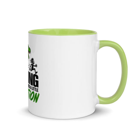 Right-side view of the 11 oz Dinosaur Motivation ceramic mug with green interior and handle on a plain studio background, showing its single front design.