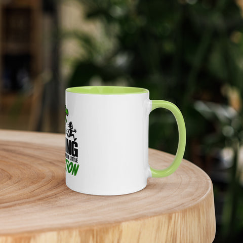 Right-side view of the 11 oz Dinosaur Motivation ceramic mug with green interior and handle on a round wooden table with softly blurred greenery, showing its single front design.