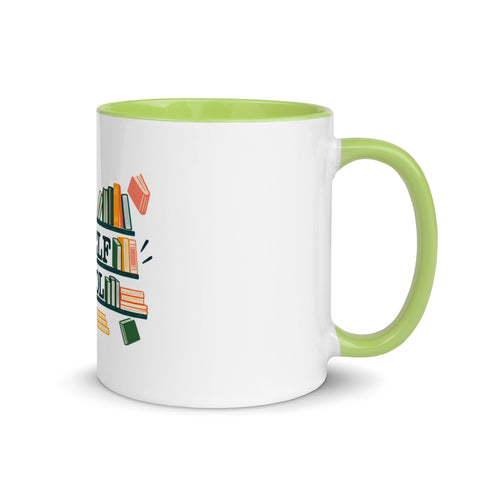 11 oz white No Shelf Control ceramic mug with green interior, rim and handle, right view; book illustration and green lettering printed once on the front.