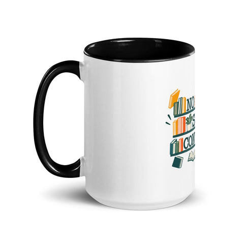 15 oz white No Shelf Control ceramic mug with green interior, rim and handle, left view; book illustration and green lettering printed once on the front.