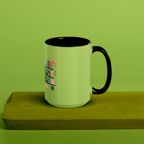 15 oz white No Shelf Control ceramic mug with green interior, rim and handle, right view on a wooden board; book illustration and green lettering printed once on the front.