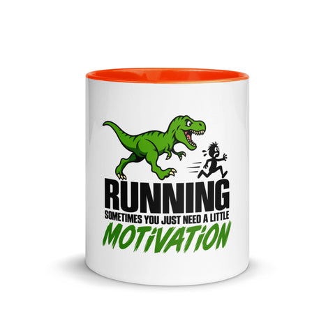 Front view of the 11 oz Dinosaur Motivation ceramic mug with orange interior and handle on a plain studio background, showing its single front design.
