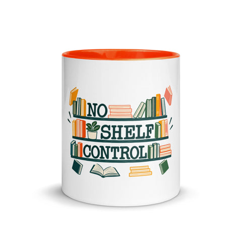 11 oz white No Shelf Control ceramic mug with orange interior, rim and handle, front view; book illustration and green lettering printed once on the front.