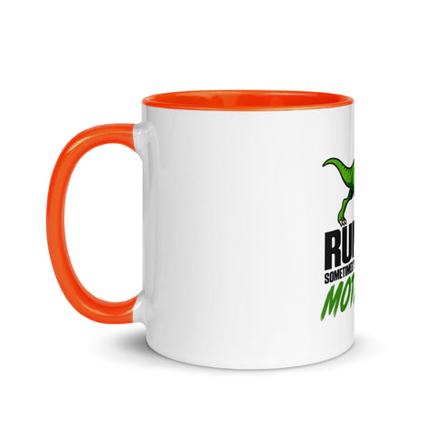 Left-side view of the 11 oz Dinosaur Motivation ceramic mug with orange interior and handle on a plain studio background, showing its single front design.