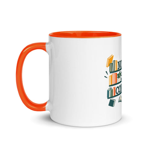 11 oz white No Shelf Control ceramic mug with orange interior, rim and handle, left view; book illustration and green lettering printed once on the front.