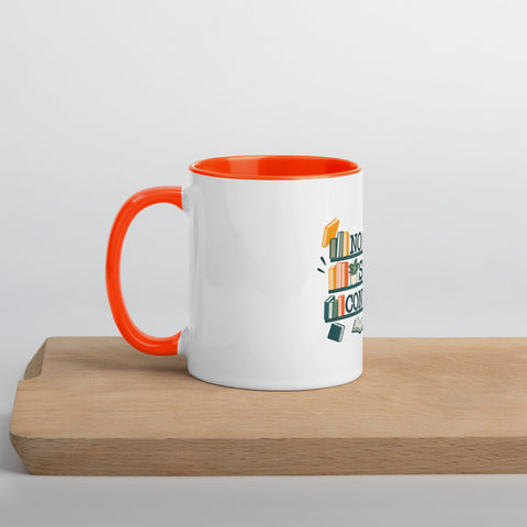 11 oz white No Shelf Control ceramic mug with orange interior, rim and handle, left view on a wooden board; book illustration and green lettering printed once on the front.