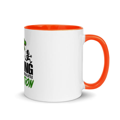 Right-side view of the 11 oz Dinosaur Motivation ceramic mug with orange interior and handle on a plain studio background, showing its single front design.