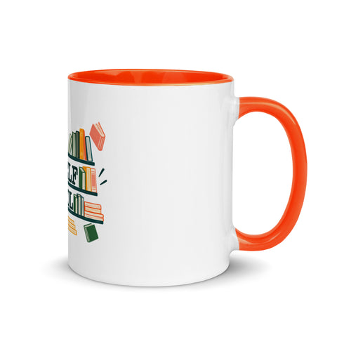 11 oz white No Shelf Control ceramic mug with orange interior, rim and handle, right view; book illustration and green lettering printed once on the front.