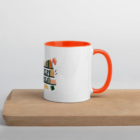 11 oz white No Shelf Control ceramic mug with orange interior, rim and handle, right view on a wooden board; book illustration and green lettering printed once on the front.