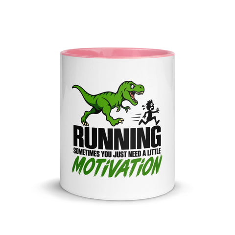 Front view of the 11 oz Dinosaur Motivation ceramic mug with pink interior and handle on a plain studio background, showing its single front design.