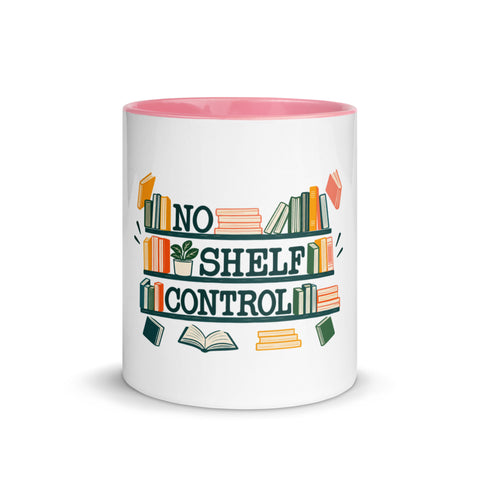 11 oz white No Shelf Control ceramic mug with pink interior, rim and handle, front view; book illustration and green lettering printed once on the front.