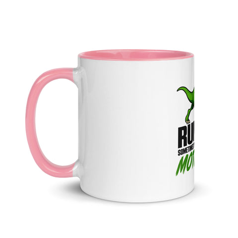 Left-side view of the 11 oz Dinosaur Motivation ceramic mug with pink interior and handle on a plain studio background, showing its single front design.