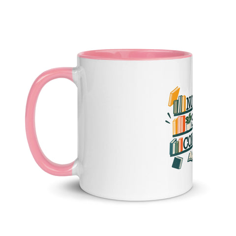 11 oz white No Shelf Control ceramic mug with pink interior, rim and handle, left view; book illustration and green lettering printed once on the front.