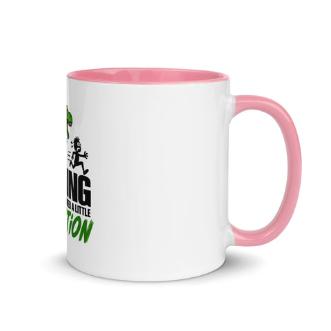 Right-side view of the 11 oz Dinosaur Motivation ceramic mug with pink interior and handle on a plain studio background, showing its single front design.