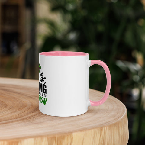 Right-side view of the 11 oz Dinosaur Motivation ceramic mug with pink interior and handle on a round wooden table with softly blurred greenery, showing its single front design.