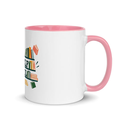 11 oz white No Shelf Control ceramic mug with pink interior, rim and handle, right view; book illustration and green lettering printed once on the front.