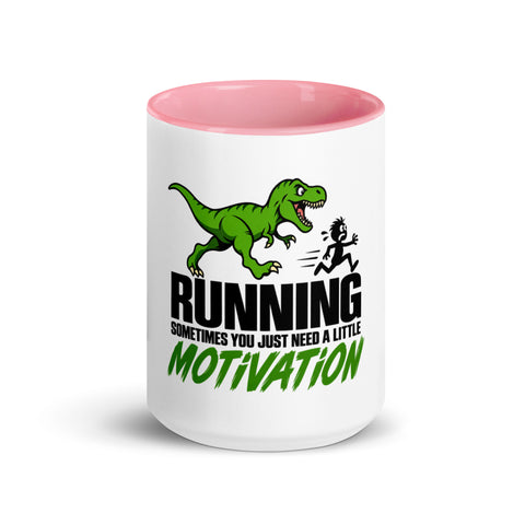 Front view of the 15 oz Dinosaur Motivation ceramic mug with pink interior and handle on a plain studio background, showing its single front design.