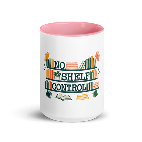 15 oz white No Shelf Control ceramic mug with pink interior, rim and handle, front view; book illustration and green lettering printed once on the front.