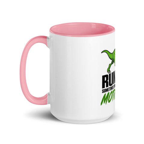 Left-side view of the 15 oz Dinosaur Motivation ceramic mug with pink interior and handle on a plain studio background, showing its single front design.