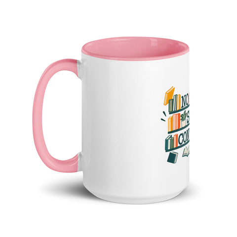 15 oz white No Shelf Control ceramic mug with pink interior, rim and handle, left view; book illustration and green lettering printed once on the front.